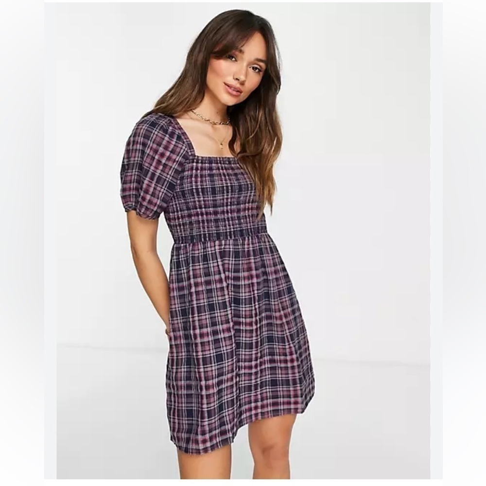 Madewell Red & blue plaid smocked bodice mini dress small